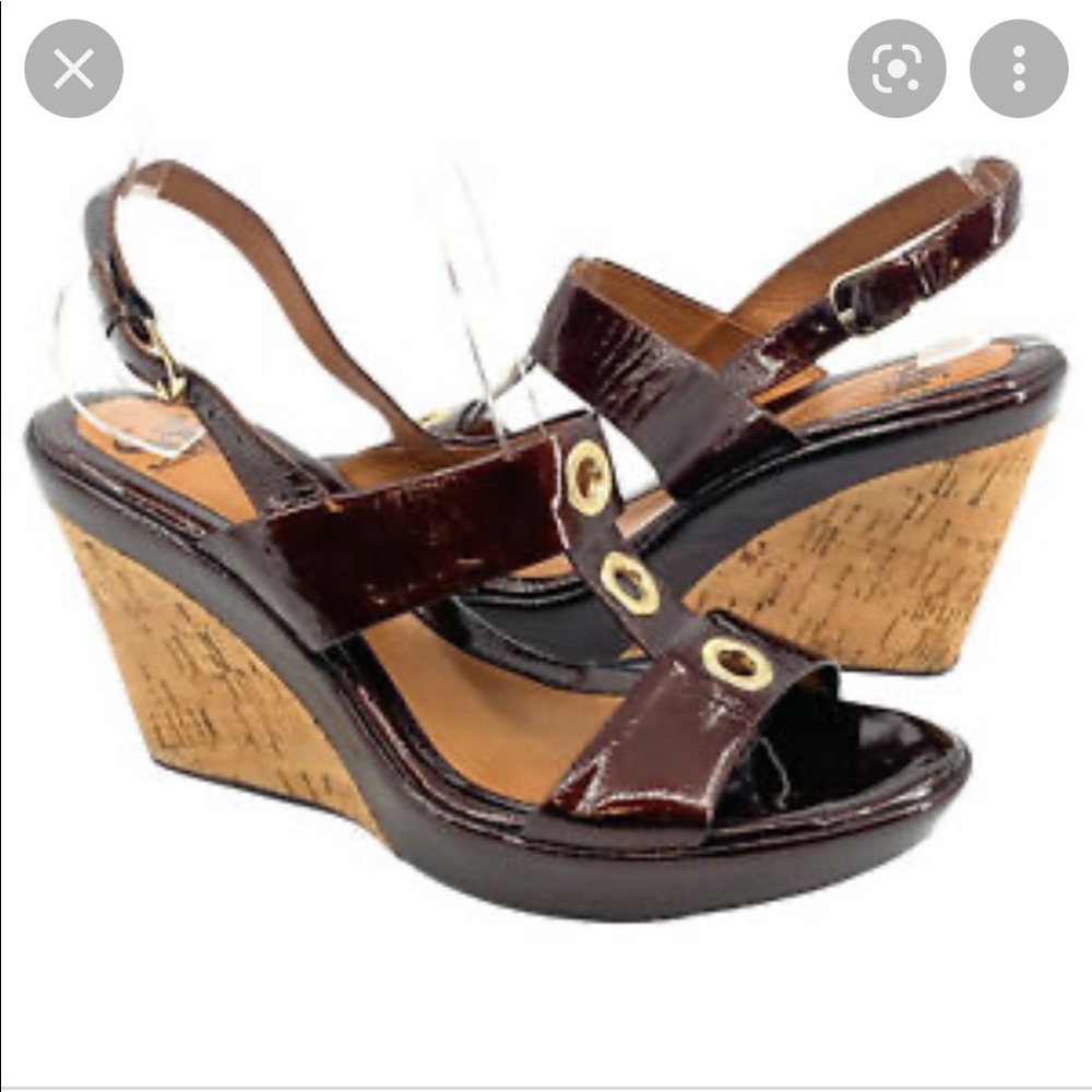 Sofft brown patent leather cork gold grommet wedge sandals super comfy!